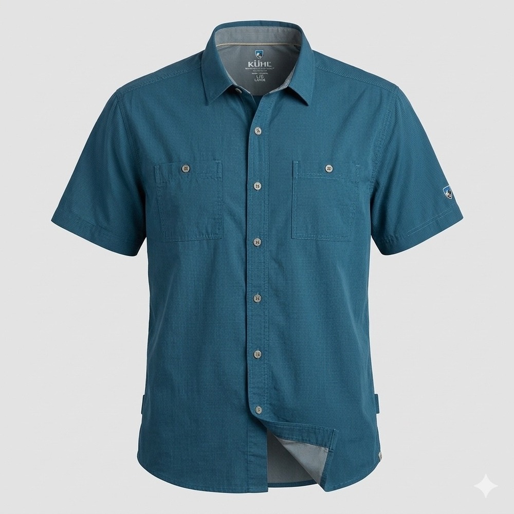 Kuhl Mens Blue Short Sleeve Hidden Button Down Collar Hiking Shirt Large